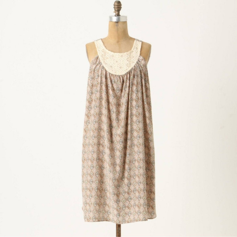 Sunner 100% Silk Midi Dress Cream Brown Print Cotton Bib Size M
